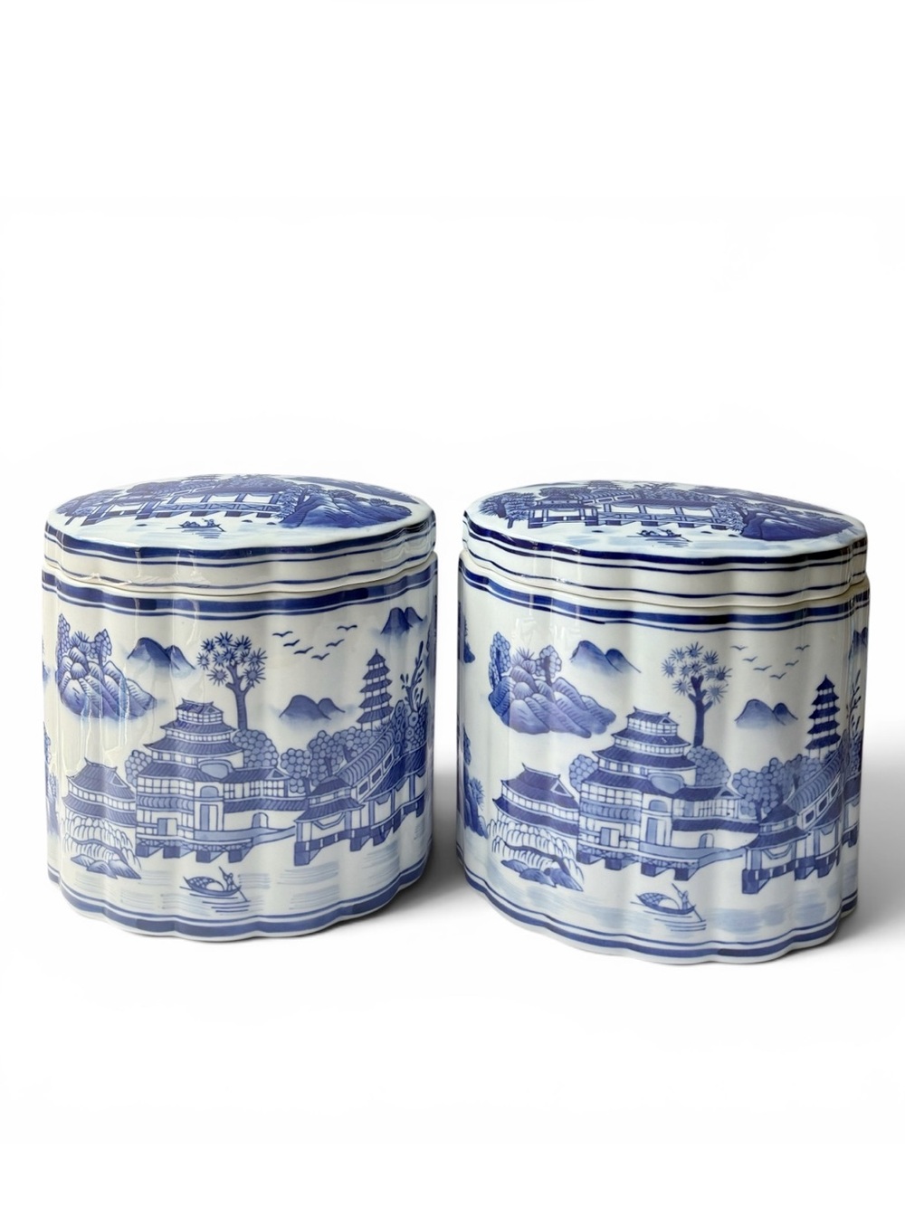 Vintage Bombay Co Blue White Chinoiserie Pagoda Large Ginger Jar Tea Caddy Set